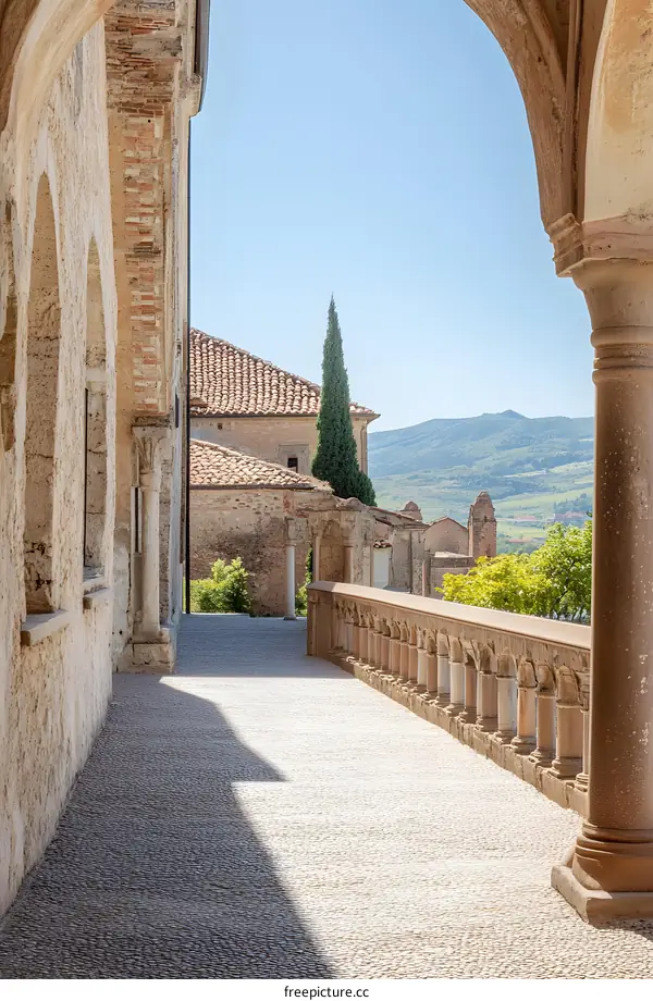 Stone Pathway Leading to Ancient Architecture with View of Mountains