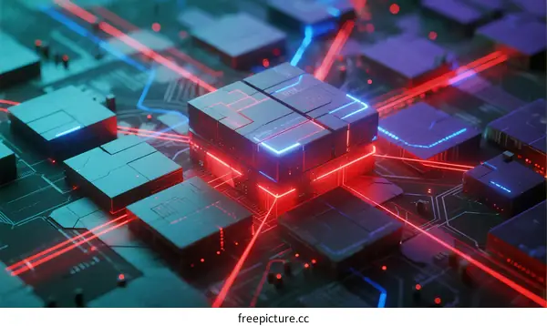 3D Microchips Circuit Board with Red Laser Lights