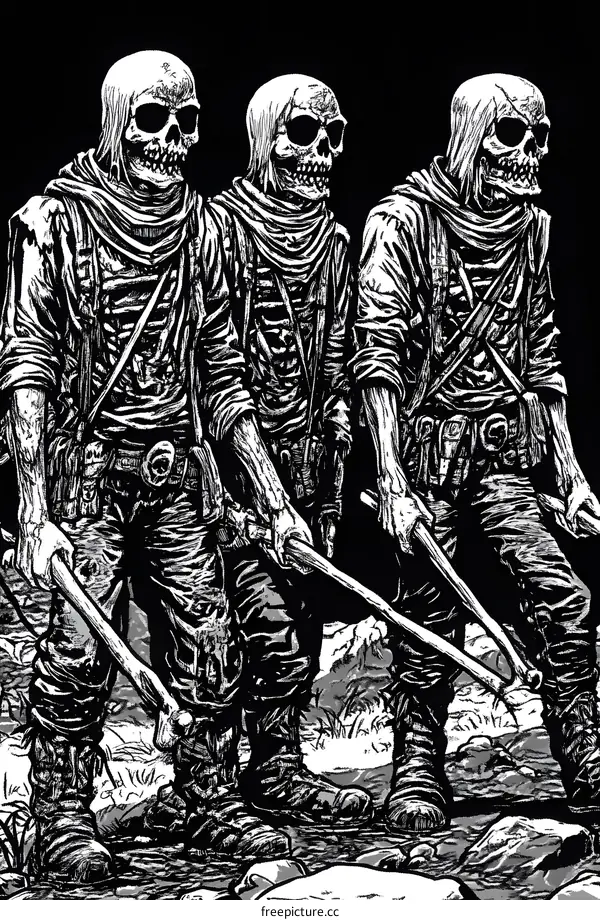 Three Skeleton Warriors Walking Through A Forest