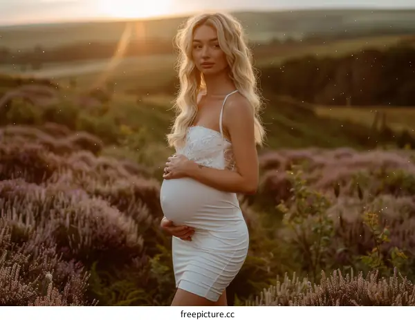 Pregnant woman standing in a field of lavender at sunset