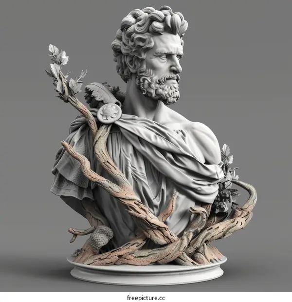 Ancient Roman Bust Sculpture with Nature Elements