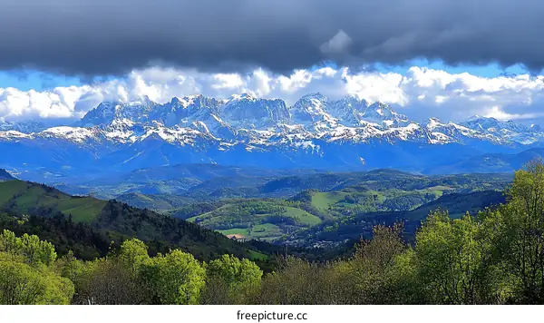 Majestic Mountain Range with Lush Valley and Cloudy Sky