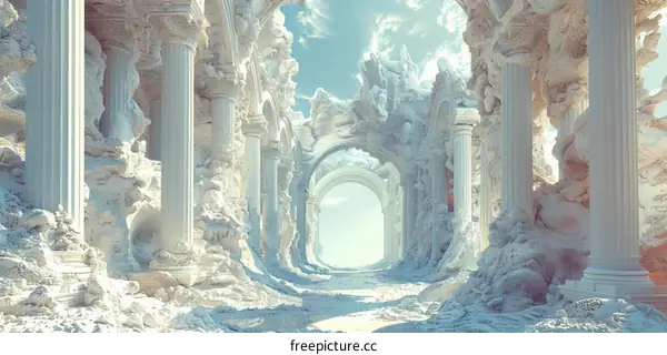 Mystical Surrealism: Ancient Greek Ruins Engulfed in Coral