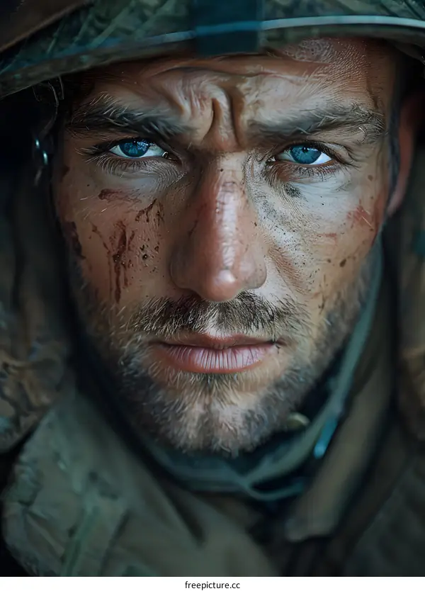 Portrait of a soldier with blue eyes
