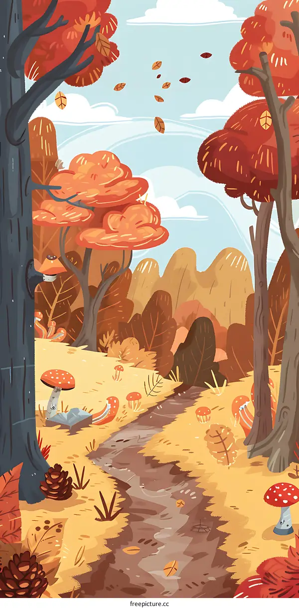 Autumn Forest Path Illustration with Red Mushrooms