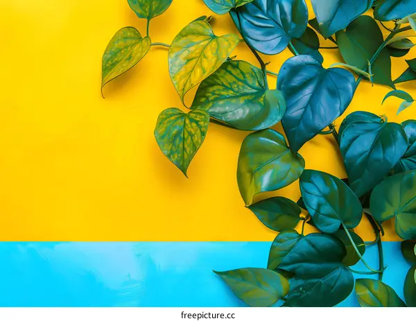 Green Plant Leaves On Yellow And Blue Background