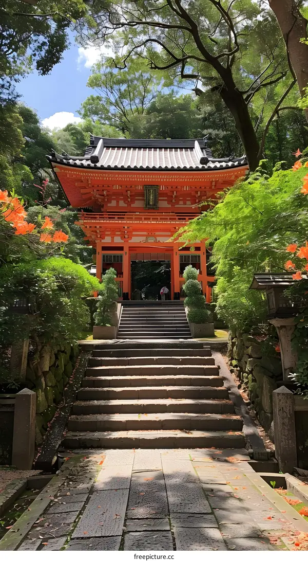 Stone Steps Leading Up To Traditional Japanese Temple Gate