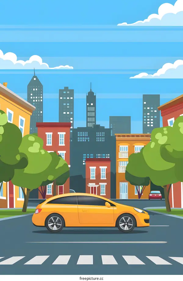 Yellow Car on City Street Illustration