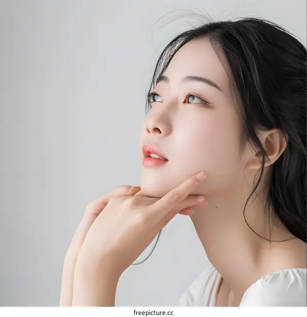 Beautiful Asian Woman With Long Black Hair Looking Up