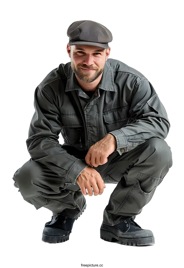 [Transparent Background PNG]Man in Grey Crouching