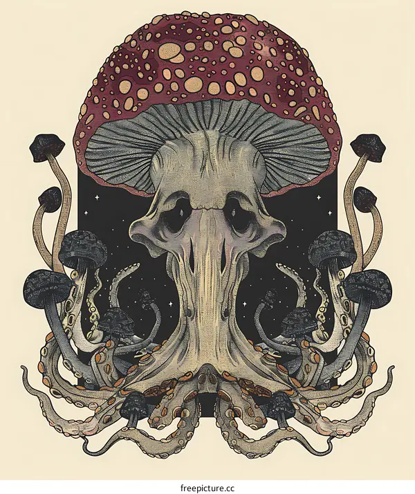 Mushroom Octopus Illustration with Red and Black