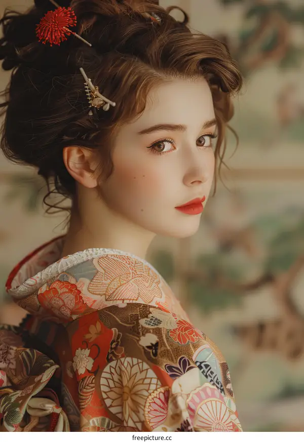 Portrait of a young woman in a kimono