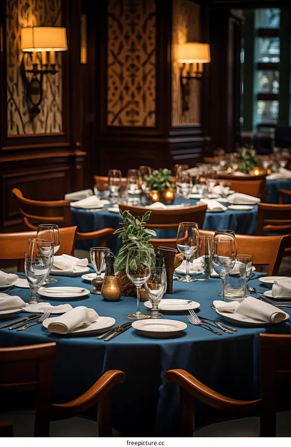 Elegant restaurant dining room with blue tablecloths and dark wood chairs