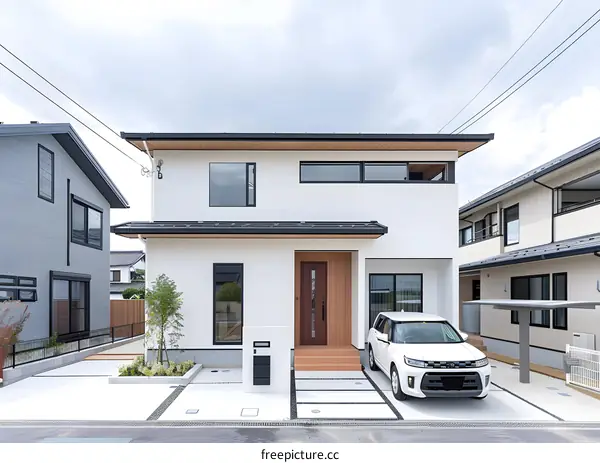 Modern White Two Story House with Car in Driveway