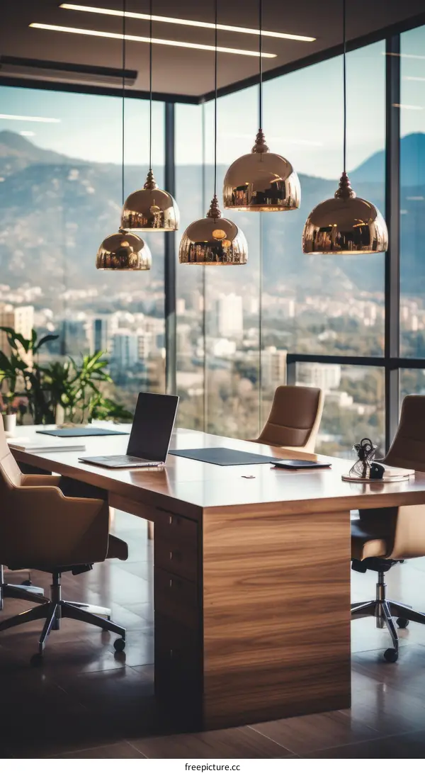 Modern Office Interior with Large Desk and City View