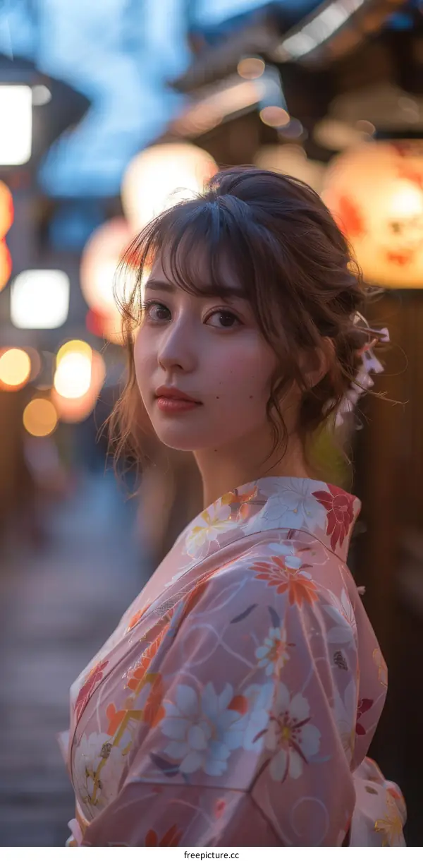 Japanese Woman in Kimono in a Night Market