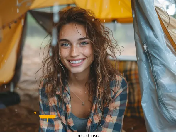 portrait of a young woman with freckles and curly hair smiling in a tent
