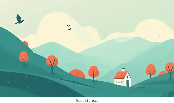 Minimalist Illustration of a House in the Mountains with Birds Flying