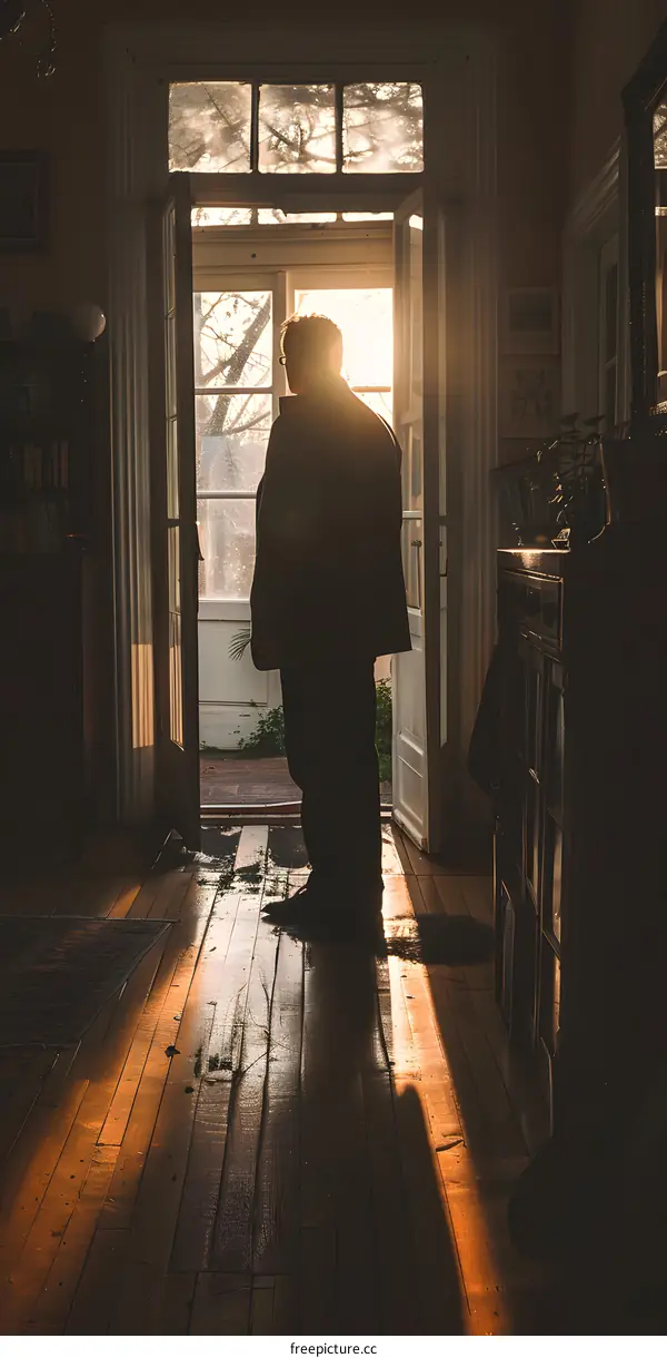 Man standing in a doorway with his back to the camera
