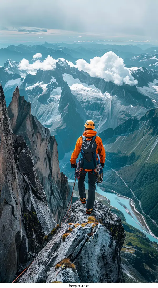 A lone climber stands atop a summit and gazes out at the stunning mountain landscape