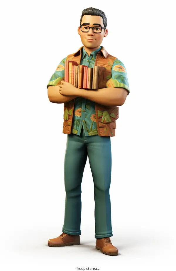 A cartoon character of a male librarian holding books