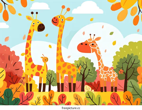 Giraffe Family In Autumn Forest