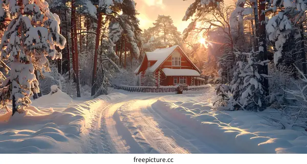The sun shines through the snow covered trees onto a snowy road and a house in the distance