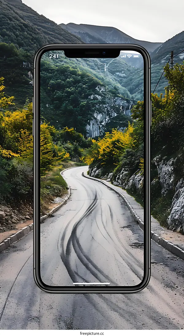 Winding Road Through Mountain Landscape Captured on Smartphone Screen