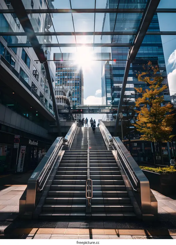 Modern City Stairway Leading Up to Tall Buildings