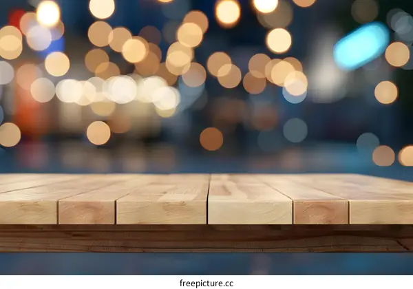 Empty Wooden Table With Blurred Lights Background