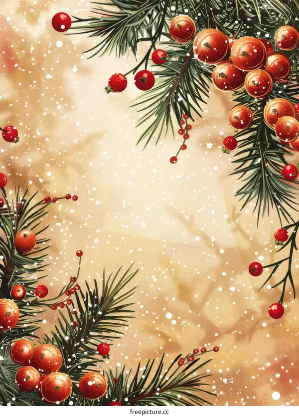 Snowy Christmas Decoration with Red Balls and Berries