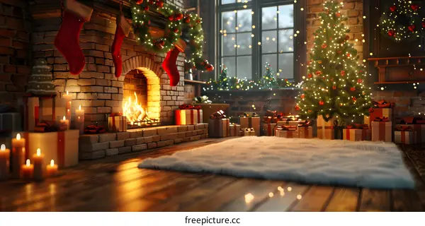 Christmas Tree by the Fireplace
