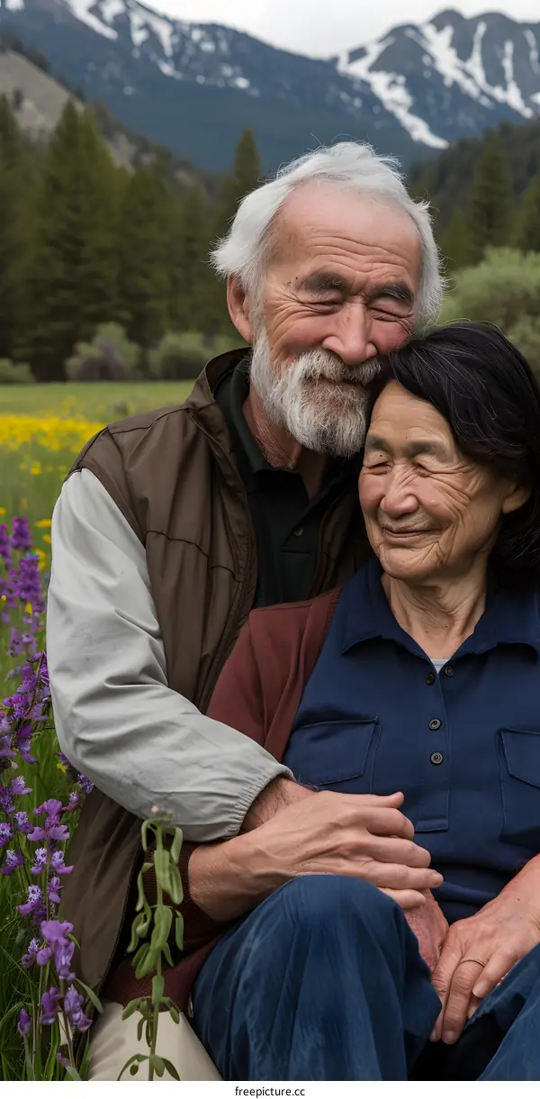 Senior Couple Embracing in a Field of Flowers with Mountains in the Background