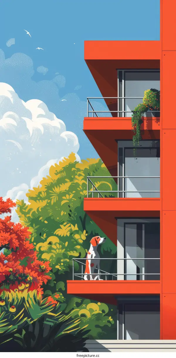 Dog Looking Out Window in a Plant-Filled Apartment