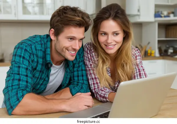 Couple Using Laptop in Kitchen