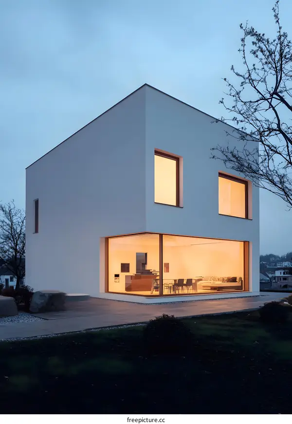 Modern White House with Large Windows at Dusk