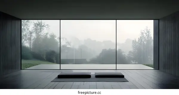 Minimalist Room With Large Window and Foggy Forest View