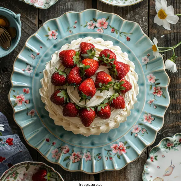 Strawberry Cream Cake on Blue and White Plate