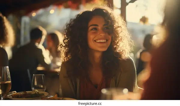 Portrait of a smiling young woman with curly hair sitting at a restaurant with friends