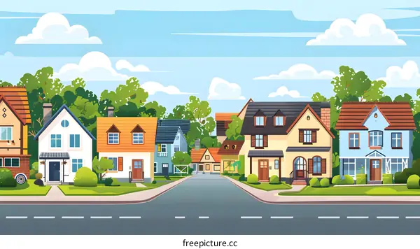 Cute Cartoon Suburban Neighborhood Houses Illustration