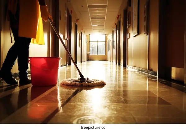 Cleaning Staff Working in a Hospital Corridor