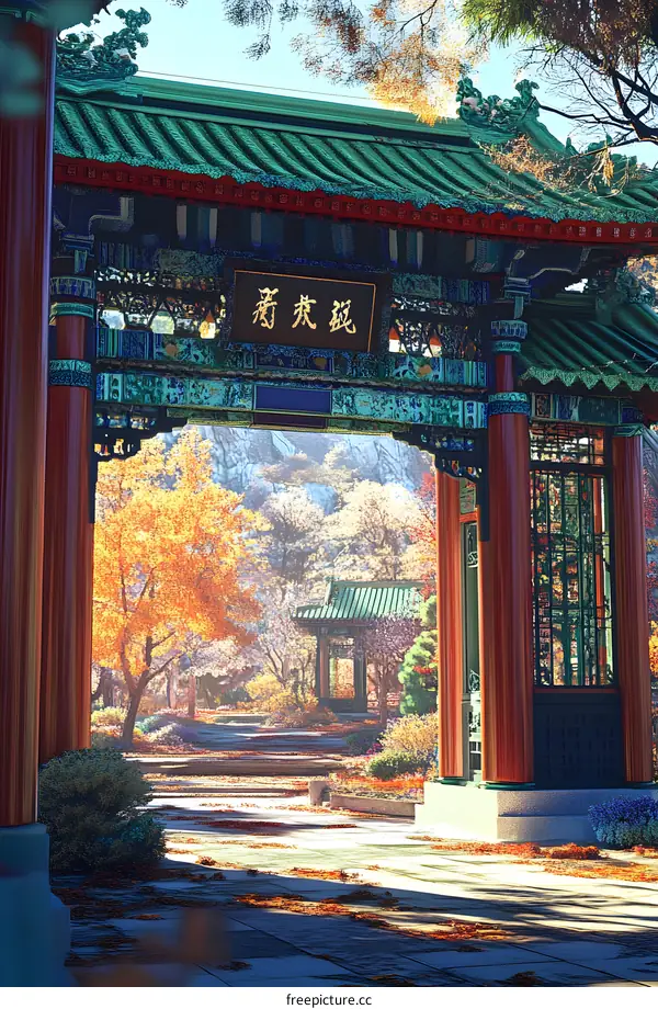 Traditional Chinese Architecture with Golden Characters
