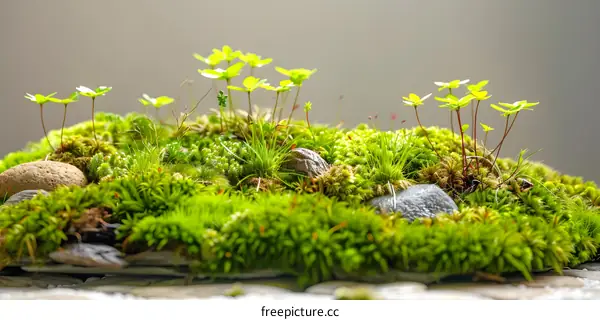 Green Moss Terrarium with Tiny Plants and Stones