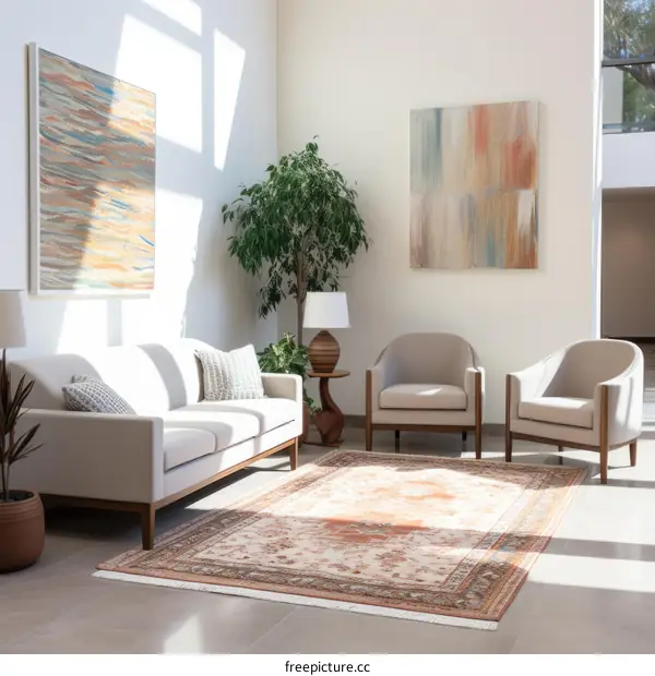 A modern living room with a sofa, two armchairs, a coffee table, and a rug