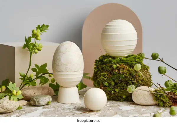 White Eggs with Green Plants and Moss