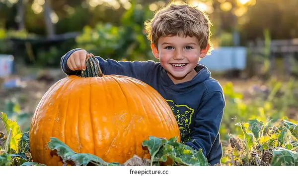 Child Holding Large Pumpkin in Farm Field