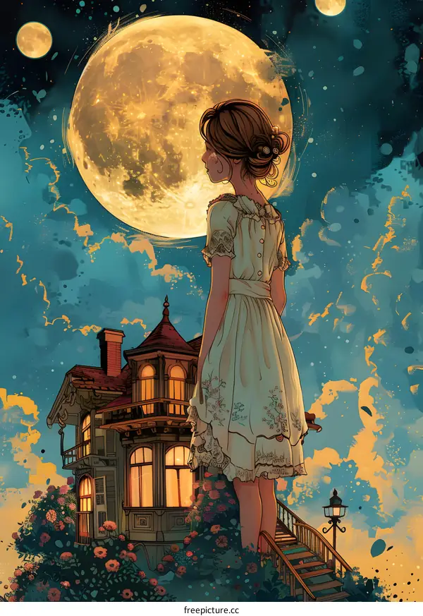 Girl Standing on Steps With Big Moon and House