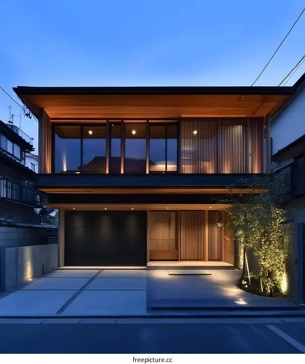 Modern Japanese House with Wooden Facade and Gravel Driveway
