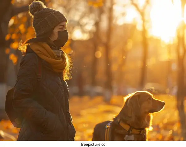 A young woman walking her dog in the park during the fall