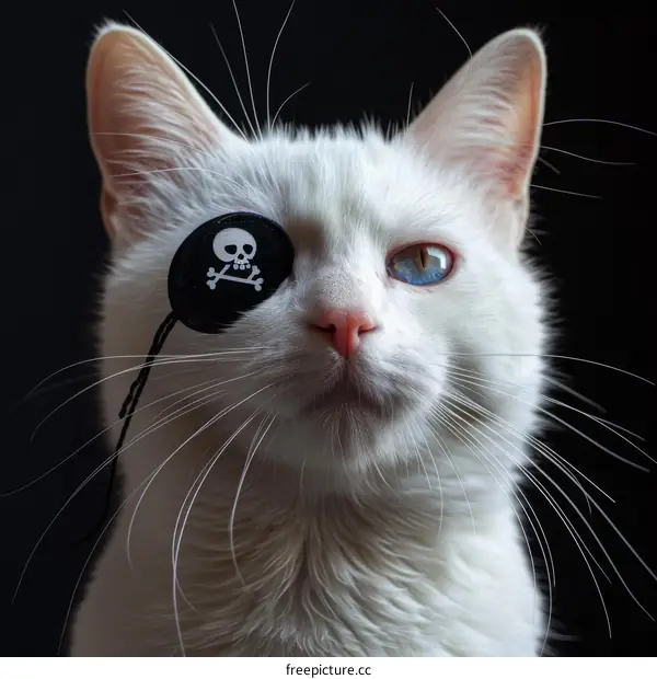 A white cat wearing an eye patch with a skull and crossbones on it